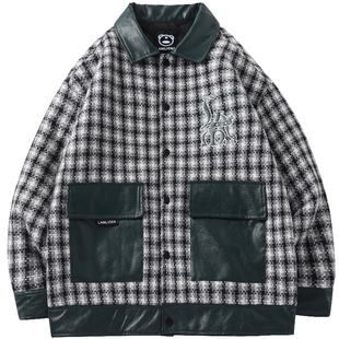 LAMLICKA新款千鸟格宽松冬季棉服男潮牌潮流拼接PU复古风翻领外套