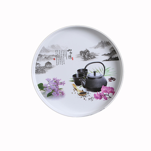 简约家用圆形茶盘托盘塑料水杯茶壶茶具托盘密胺直边餐厅酒店托盘