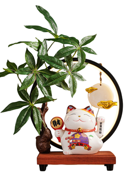 新中式可爱招财猫陶瓷摆件灯圆形客厅家居装饰自动招手收银台礼品