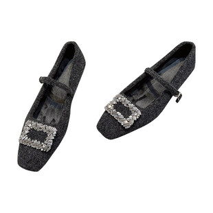 秋冬毛毛鞋女百搭钻扣小方头绒里一字带保暖毛呢粗跟玛丽珍单鞋女