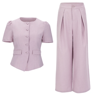 马天奴2025夏季新款粉色圆领短袖上衣直筒阔腿裤子两件套装通勤女