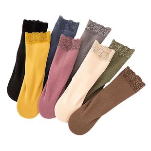 冬蕾丝花边保暖地板袜德绒袜子女加厚中长筒镂空花边堆堆袜松口潮