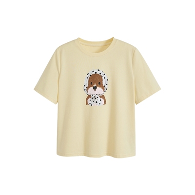 阔色黄色圆领小狗印花t恤宽松半袖2025夏日多巴胺穿搭新款女上衣