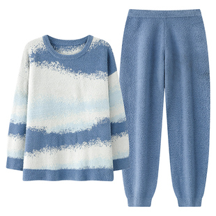 芬腾可安冬季保暖半边绒睡衣女款秋冬款加绒加厚珊瑚绒家居服套头