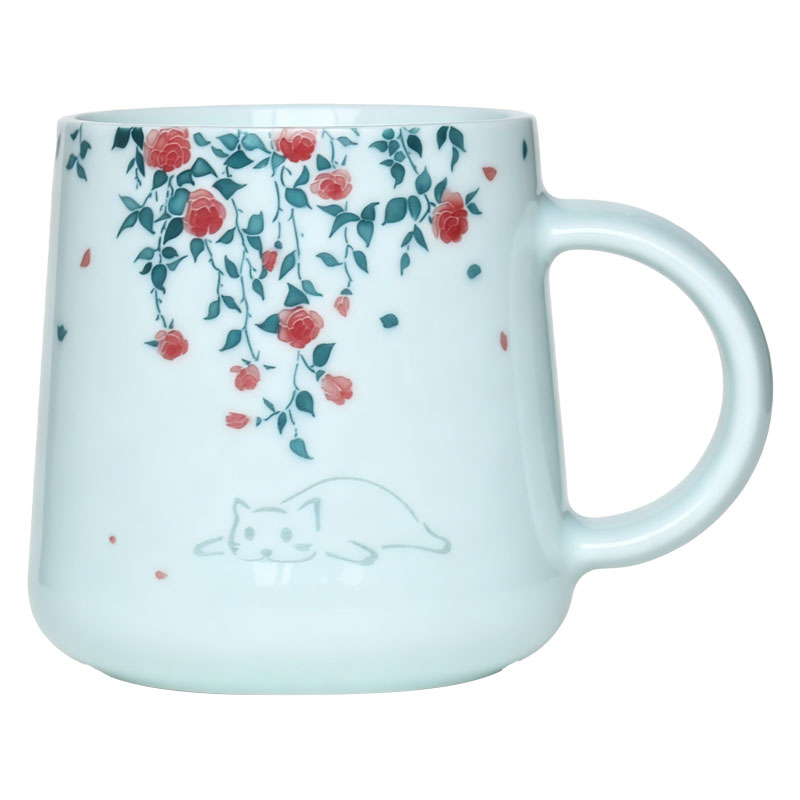 蔷薇花猫景德镇陶瓷釉下彩玲珑瓷水杯咖啡杯可爱杯子生日礼物女生