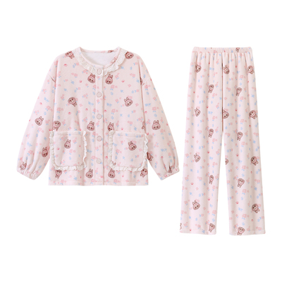 拉布布公主风睡衣女童秋冬季珊瑚绒加绒加厚儿童法兰绒中童家居服