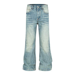 COCKTAIL复古水洗猫须纹直筒裤男女cleanfit百搭垂感冰蓝牛仔裤潮