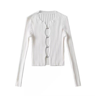 LYT 辣妹纯欲上衣门襟镂空修身弹力金属小音符短款长袖针织衫女