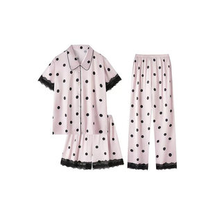 甜美真丝睡衣女秋冬季新款带胸垫波点高级感三件套家居服送礼盒装