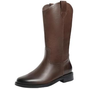 百丽真皮加绒时装西部靴女鞋冬季新款牛皮中筒瘦瘦靴子3QFD1DS5