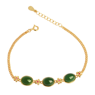 小银匠和田玉碧玉蛋面纯银手链女生玉石轻奢金镶玉手串金包银手镯