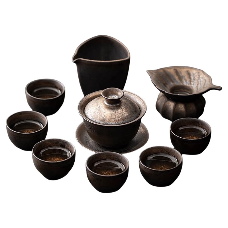 复古鎏金陶瓷功夫茶具套装