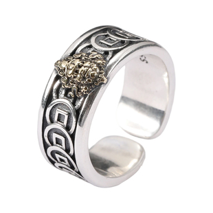 纯银宽面黄财神铜钱纹戒指国潮新款复古做旧个性开口可调节指环