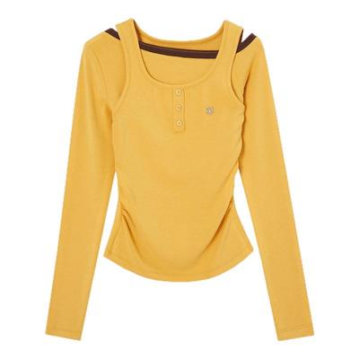 ACMEAURA美式复古假两件长袖T恤女秋冬不对称修身内搭打底上衣女