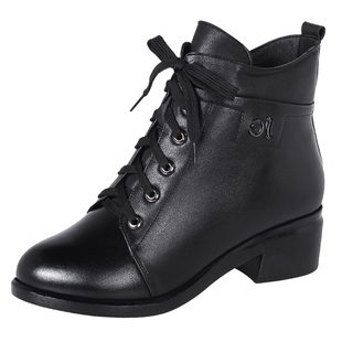 46秋冬款中跟短靴女真皮圆头短筒马丁及裸靴子41宽胖脚大码加肥43