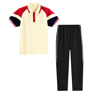 小学生校服夏季短袖T恤初中学生高中生POLO衫红白浅蓝色班服套装