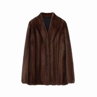 冬季中古风轻奢皮草竖条纹水貂大衣V领皮毛一体中长款毛毛外套女