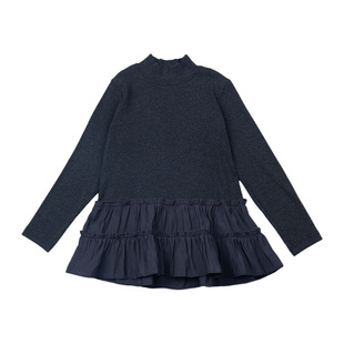 艾摩贝贝女童时髦针织坑条外穿上衣内搭叠穿下摆拼接花边打底衫潮