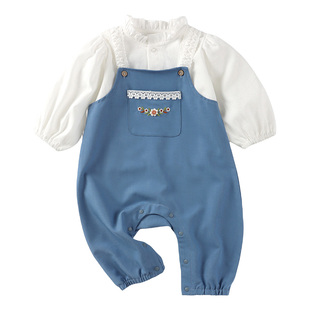 微澜modomoma婴幼儿衣服女童时髦洋气牛仔色背带裤上衣外出服穿搭