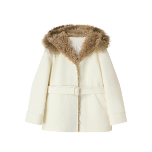 【秋酿】Uena可拆卸貉子毛领米色肌理感羊毛呢连帽绗棉外套附腰带