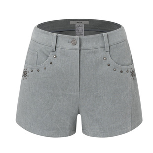 RAIVE2026春季女裤子纯色口袋辣妹风显腿长铆钉牛仔裤短裤