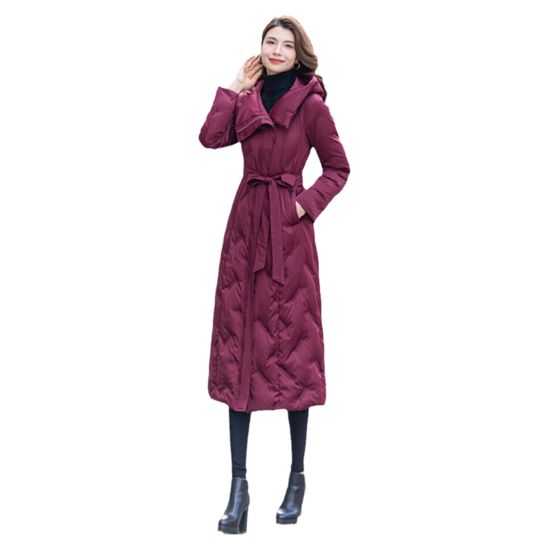 莎点酒红色白鸭绒中长款羽绒服