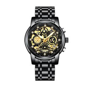 品牌男士手表轻奢镶钻镂空机械风秒表计时三眼日历钢带防水男表潮