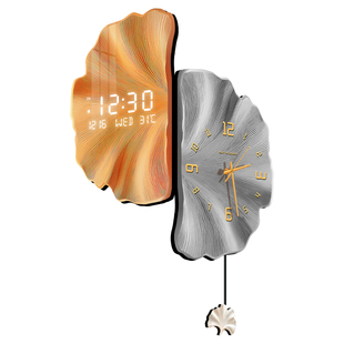 现代轻奢转角时钟客厅2025新款银杏叶数显万年历钟表双面拐角挂钟