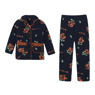 可人儿睡衣女冬季三层夹棉加厚加绒保暖珊瑚绒开衫棉袄家居服套装