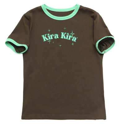 雪花亚麻料正肩短款印花撞色T恤