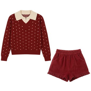 织物猪 草莓日记 甜美风红色假两件毛衣女冬新年氛围翻领毛针织衫