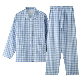 康妮雅双层纱纯棉纱布睡衣女春秋长袖长裤套装棉纱格子空调家居服