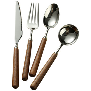 胡桃木叉勺子加厚304不锈钢家用高档木柄吃饭汤匙长柄叉子喝汤勺