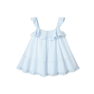 【晴天娃娃】Uena蓝色胸前绑带v领镂空蕾丝花边下摆小飞袖吊带女