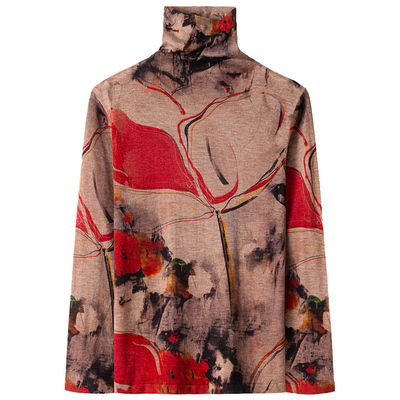 旺秋100%羊毛半高领套头印花打底