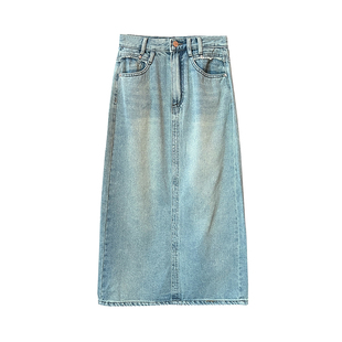 本期B入！巨好穿水洗做旧高腰后开叉半身裙女新款a字中长款牛仔裙