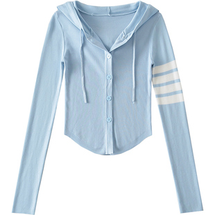 学院风减龄袖子条纹连帽长袖修身薄款针织衫单排扣短款开衫外套女