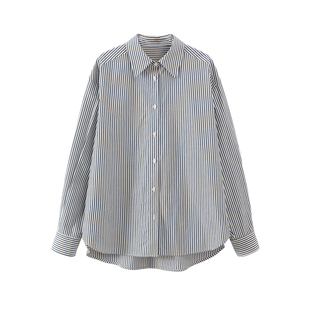 Jicouture纯棉百搭条纹通勤衬衫女冬季新款翻领宽松长袖简约上衣