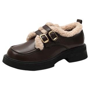加绒乐福鞋女2025新款冬季通勤厚底保暖粗跟双扣带大码增高小皮鞋