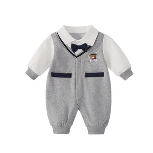 [7A抗菌]新生婴儿连体衣春季男宝帅气长袖假两件哈衣百天宝宝衣服