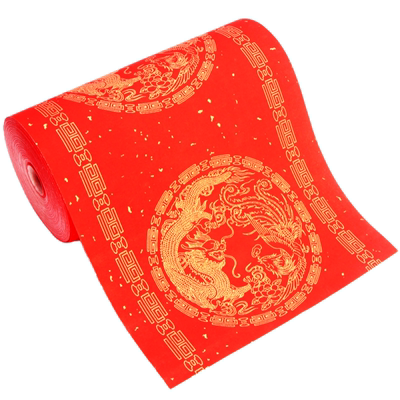 万年红描金龙凤瓦当对联纸长卷