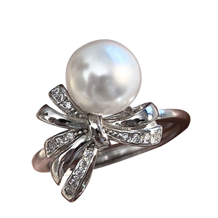 三面夏娃akoya天女冷光澳白珍珠戒指蝴蝶结925纯银开口天然澳母贝