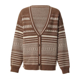 Famecoco折扣店复古费尔岛提花针织开衫宽松v领毛衣外套FAB8DE020