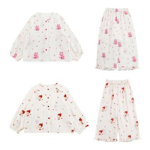 幼悠女童卡通印花家居服套装2025夏季木耳花边双层纱线睡衣两件套