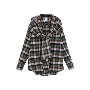 TurnSignal连帽格子衬衫外套女慵懒风秋2025新款长袖宽松复古衬衣