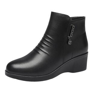 红蜻蜓新款冬款加绒头层牛皮加厚保暖软底坡跟鞋中老年妈妈女短靴