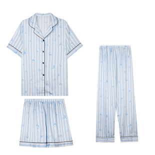 JoyceBra  可爱海豚条纹缎面冰丝睡衣女夏季短袖可外穿家居服套装