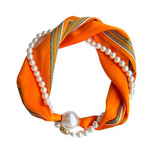 橙橘色珍珠项链磁吸扣百搭丝巾女护颈围脖子职业装空姐衬衫薄围巾