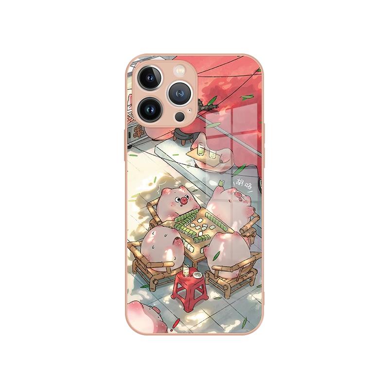 适用苹果14promax手机壳16pro小猪打麻将iphone15小众13mini高级感12创意11新款x玻璃xs女款1