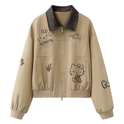 翻领卡通猫涂鸦样式短款夹克外套